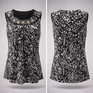 🔥🔥🔥Christopher & Banks Black White Feather Print Jeweled Neck Sleeveless Blouse